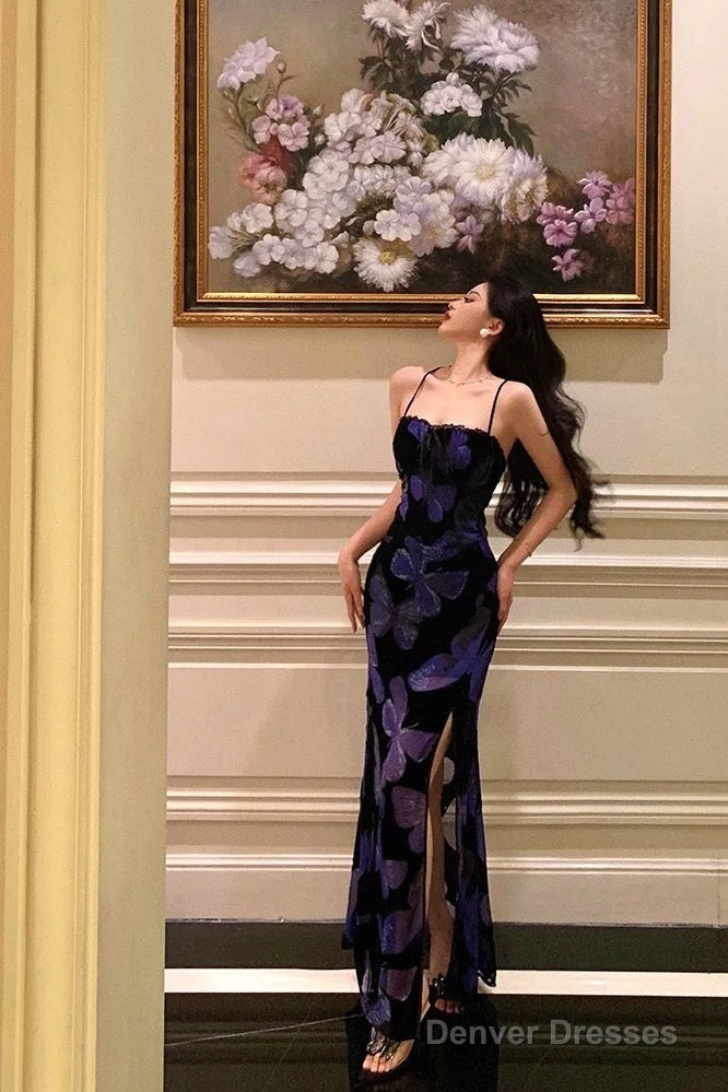 Classy Sheath Spaghetti Straps Royal Blue Floral Prom Dresses Birthday Outfits Evening Gown