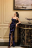 Classy Sheath Spaghetti Straps Royal Blue Floral Prom Dresses Birthday Outfits Evening Gown