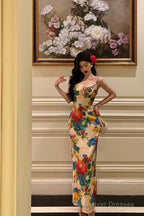 Classy Sheath Spaghetti Straps Satin Floral Prom Dresses Birthday Outfits Evening Gown