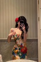 Classy Sheath Spaghetti Straps Satin Floral Prom Dresses Birthday Outfits Evening Gown