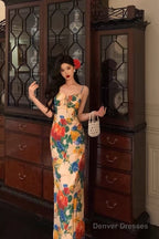 Classy Sheath Spaghetti Straps Satin Floral Prom Dresses Birthday Outfits Evening Gown
