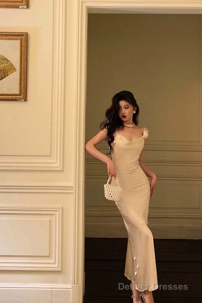 Classy Sheath Spaghetti Straps Satin Flowers Prom Dresses Birthday Outfits Main image