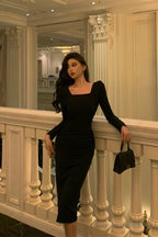 Classy Sheath Square Neckline Black Prom Dresses Birthday Outfits Evening Gown