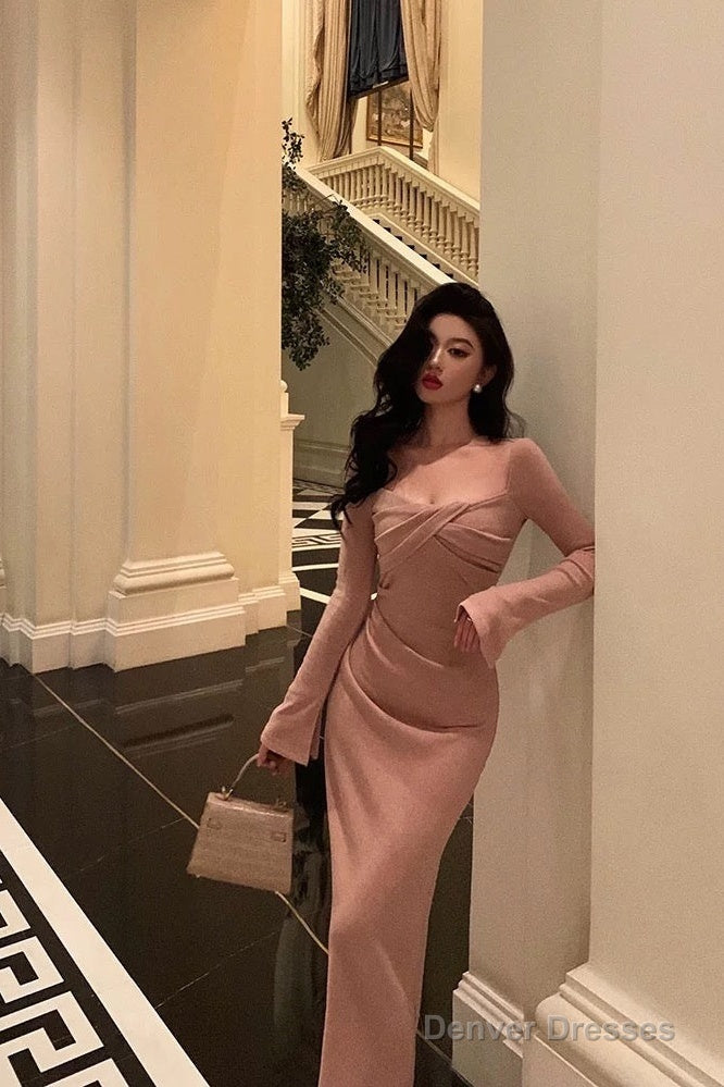 Classy Sheath Square Neckline Long Sleeves Pink Prom Dresses Birthday Outfits Secondary image