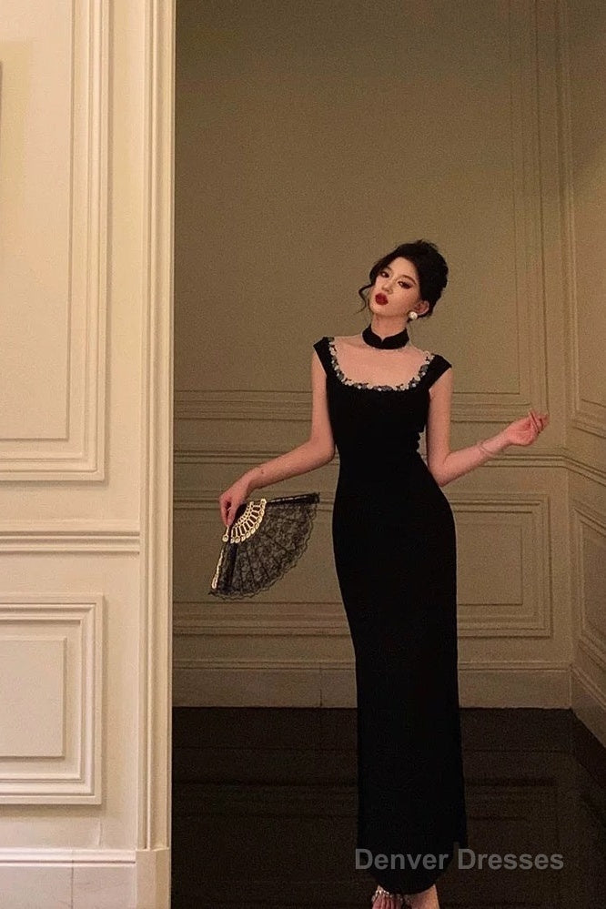 Classy Sheath Square Neckline Sleeveless Black Slit Prom Dresses Birthday Outfits Main image