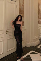 Classy Sheath Strapless Black Floral Prom Dresses Birthday Outfits Evening Gown