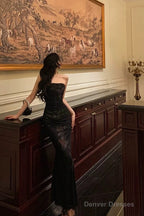 Classy Sheath Strapless Black Floral Prom Dresses Birthday Outfits Evening Gown