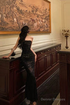 Classy Sheath Strapless Black Floral Prom Dresses Birthday Outfits Evening Gown