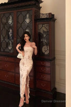 Classy Sheath Strapless Floral Ivory Long Prom Dresses Birthday Outfits Evening Gown