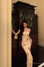 Classy Sheath Strapless Floral Ivory Long Prom Dresses Birthday Outfits Evening Gown