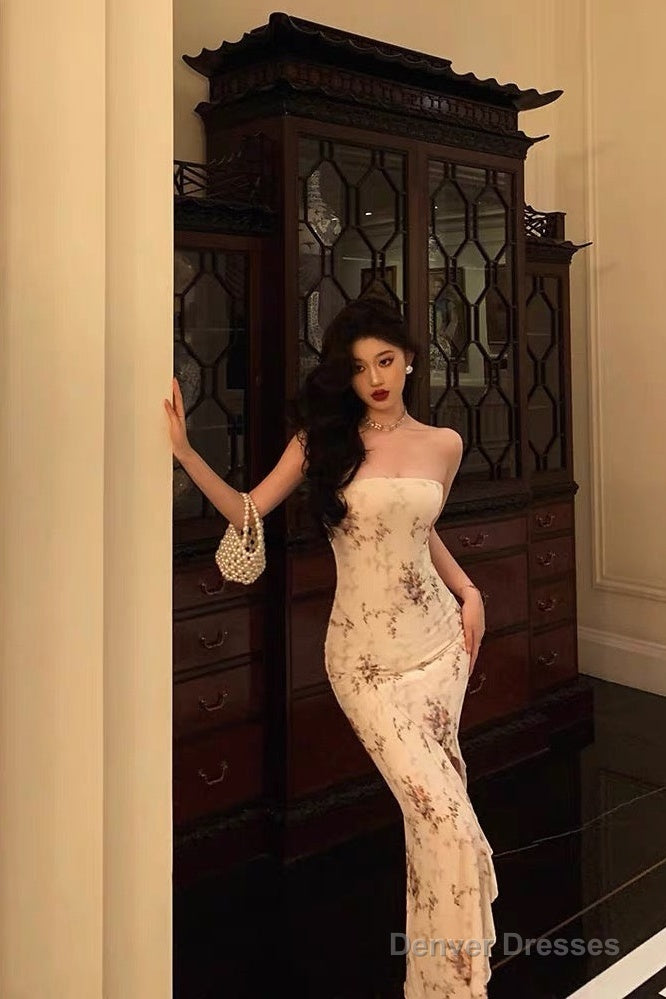 Classy Sheath Strapless Floral Ivory Long Prom Dresses Birthday Outfits Evening Gown