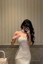 Classy Sheath Strapless Neckline White Prom Dresses Birthday Outfits Evening Gown