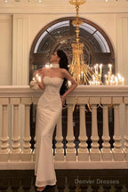 Classy Sheath Strapless Neckline White Prom Dresses Birthday Outfits Evening Gown