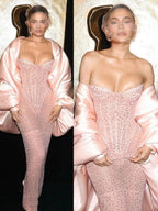 Classy Sheath Strapless Sequin Floor Length Pink Slit Prom Dress Prom Gowns