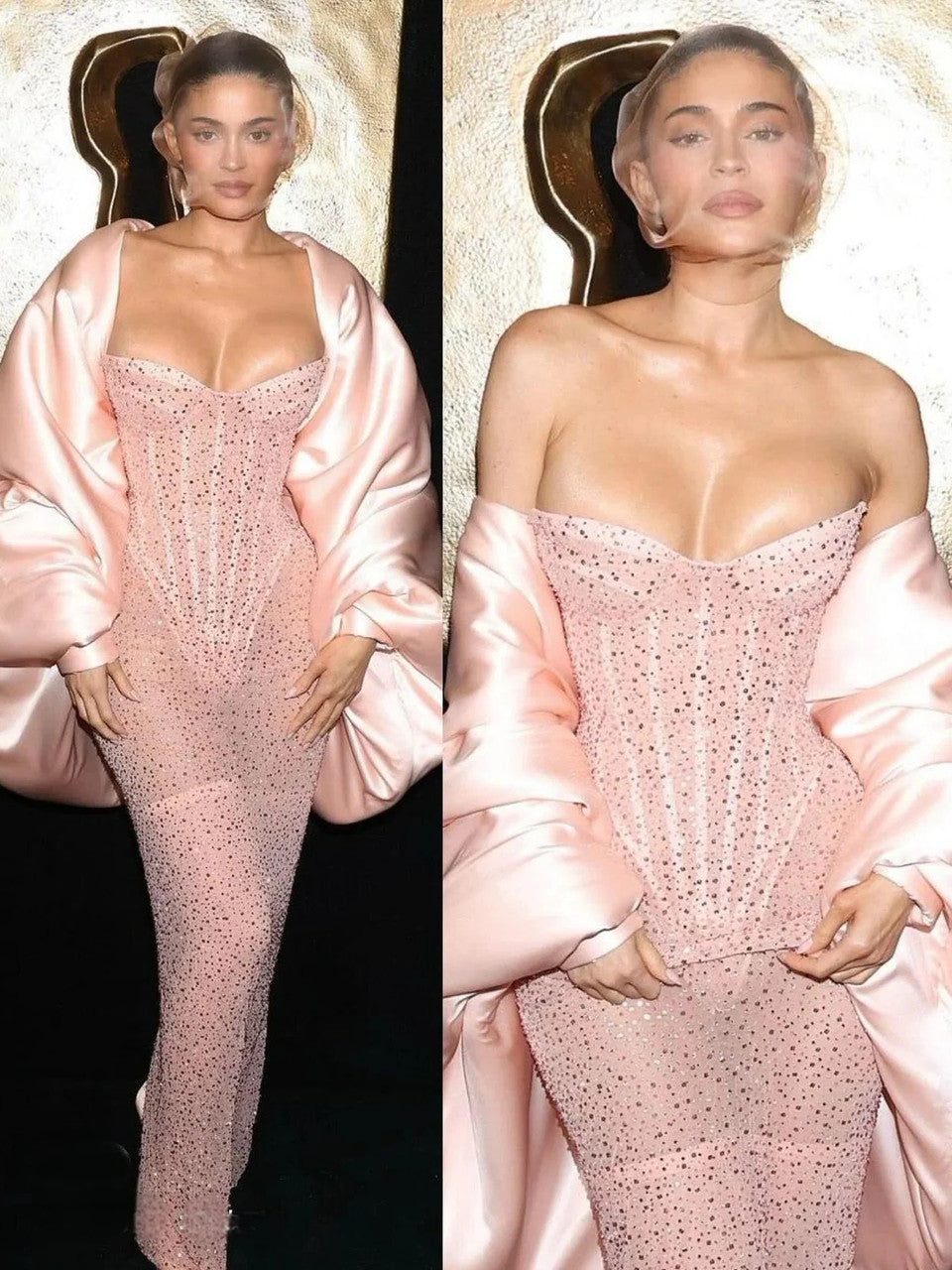 Classy Sheath Strapless Sequin Floor Length Pink Slit Prom Dress Prom Gowns