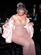 Classy Sheath Strapless Sequin Floor Length Pink Slit Prom Dress Prom Gowns