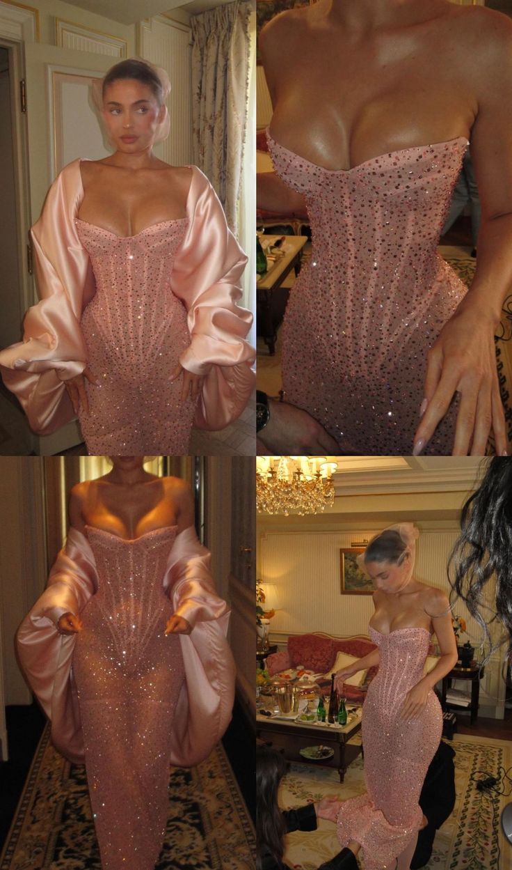Classy Sheath Strapless Sequin Floor Length Pink Slit Prom Dress Prom Gowns Main image