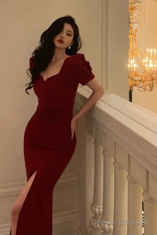 Classy Sheath Sweetheart Neckline Short Sleeves Red Prom Dresses Birthday Outfits Evening Gown Secondary image