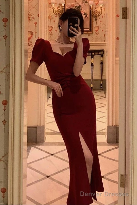 Classy Sheath Sweetheart Neckline Short Sleeves Red Prom Dresses Birthday Outfits Evening Gown