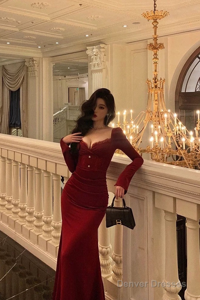 Classy Sheath Sweetheart Red Ruffles Velvet Prom Dresses Birthday Outfits Evening Gown