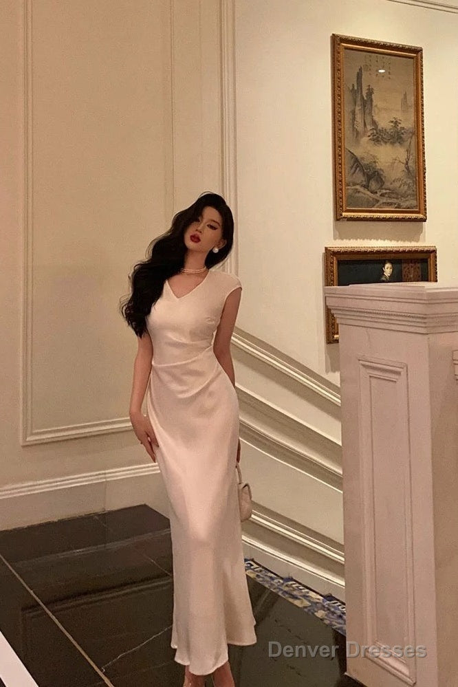 Classy Sheath V Neckline Ivory Satin Prom Dresses Birthday Outfits Evening Gown Secondary image