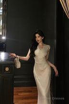 Classy Sheath V Neckline Ivory Satin Prom Dresses Birthday Outfits Evening Gown