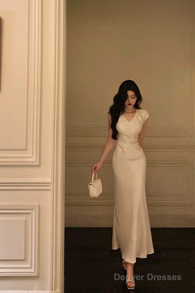 Classy Sheath V Neckline Ivory Satin Prom Dresses Birthday Outfits Evening Gown Main image