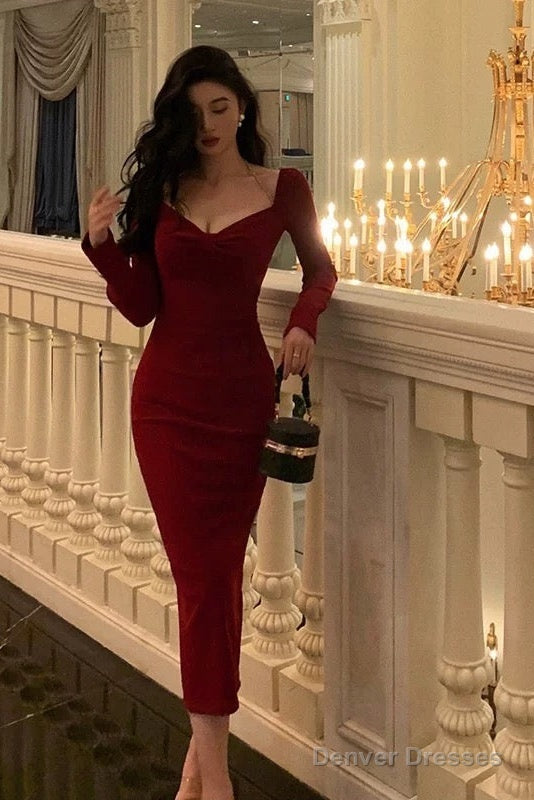 Classy Sheath V Neckline Long Sleeves Red Prom Dresses Birthday Outfits Evening Gown Secondary image