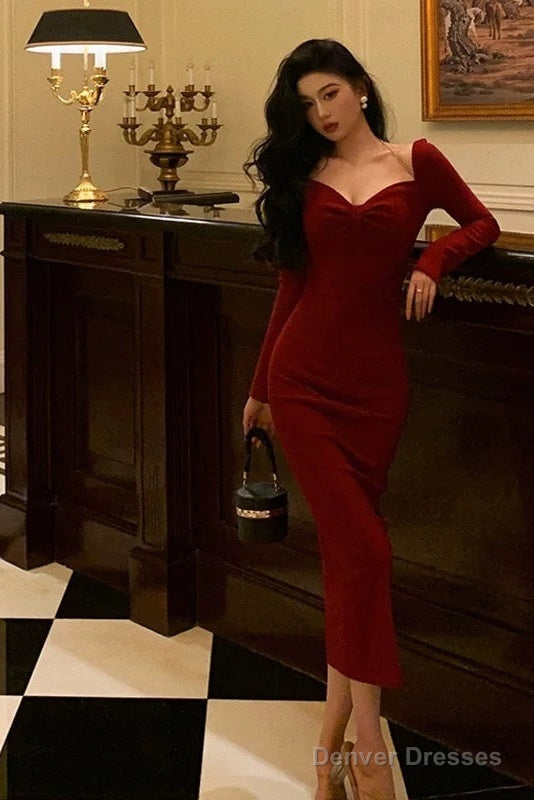 Classy Sheath V Neckline Long Sleeves Red Prom Dresses Birthday Outfits Evening Gown