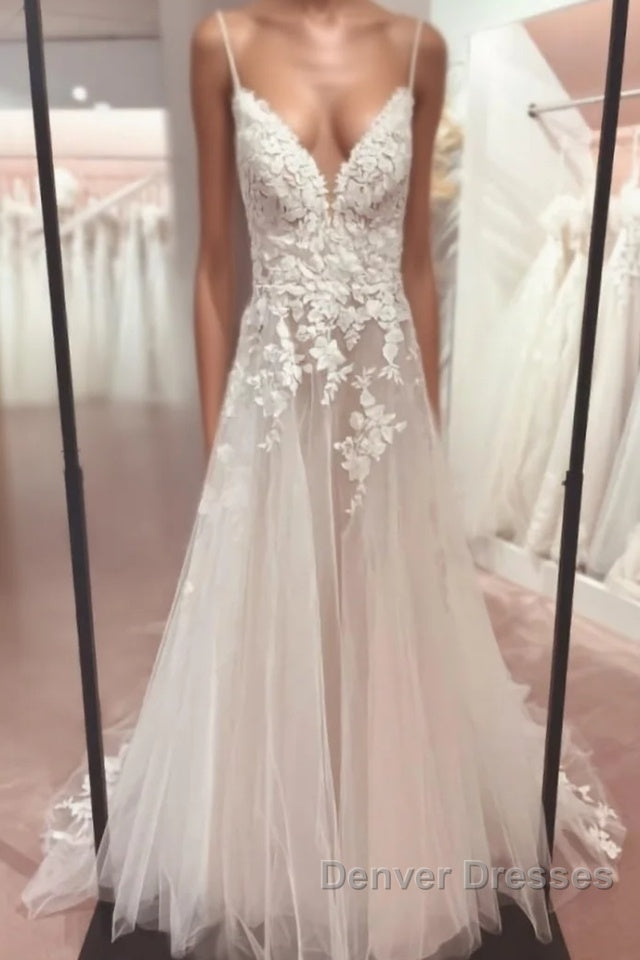 Classy V-Neck Spaghetti-Straps Sleeveless Long Lace Wedding Dress Online