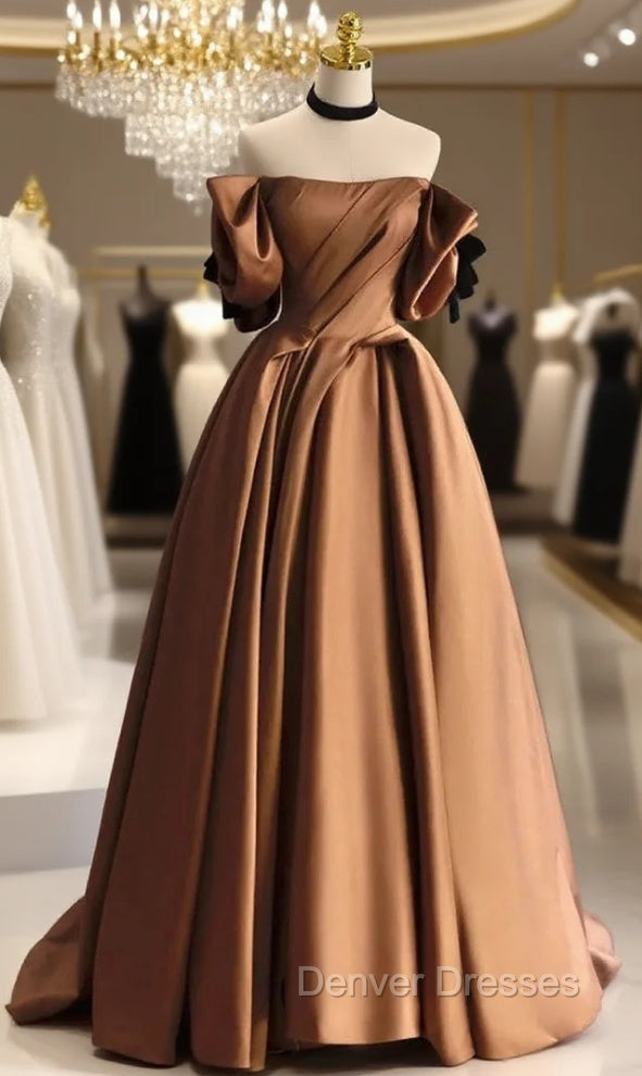 Coffee Satin Off the Shoulder Pleats Prom Dress Main image