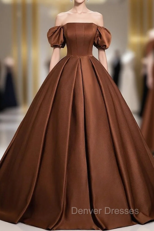 Coffee Satin Off the Shoulder Prom Dress