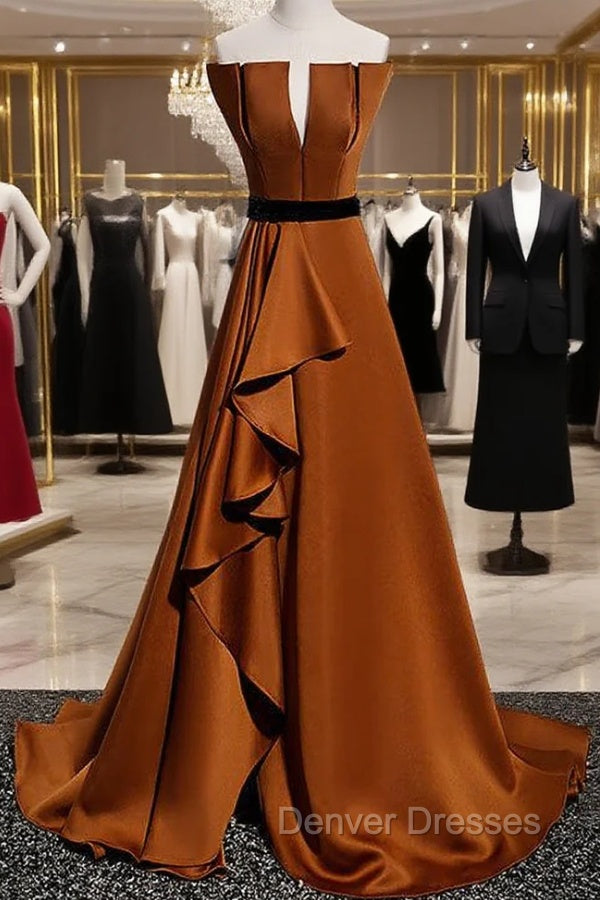 Coffee Satin Strapless Pleats Prom Dress With Split Main image