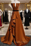 Coffee Satin Strapless Pleats Prom Dress With Split