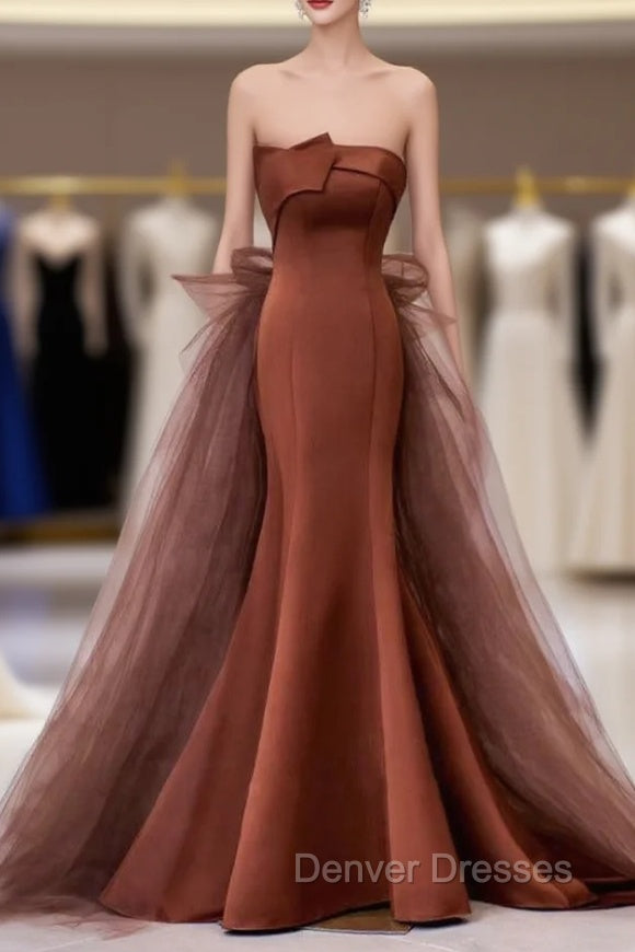Coffee Satin Tulle Strapless Prom Dress