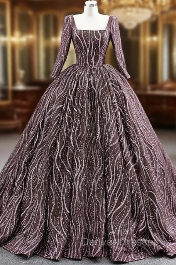 Coffee Sequins Square Long Sleeve Prom Dress Main image