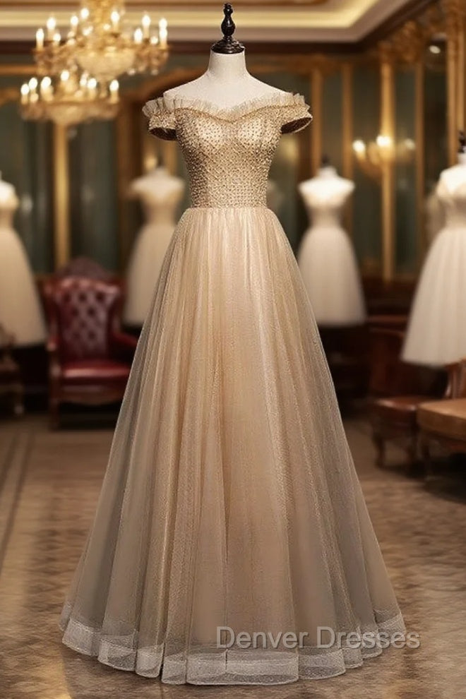 Coffee Tulle Off the Shoulder Beading Prom Dress Main image