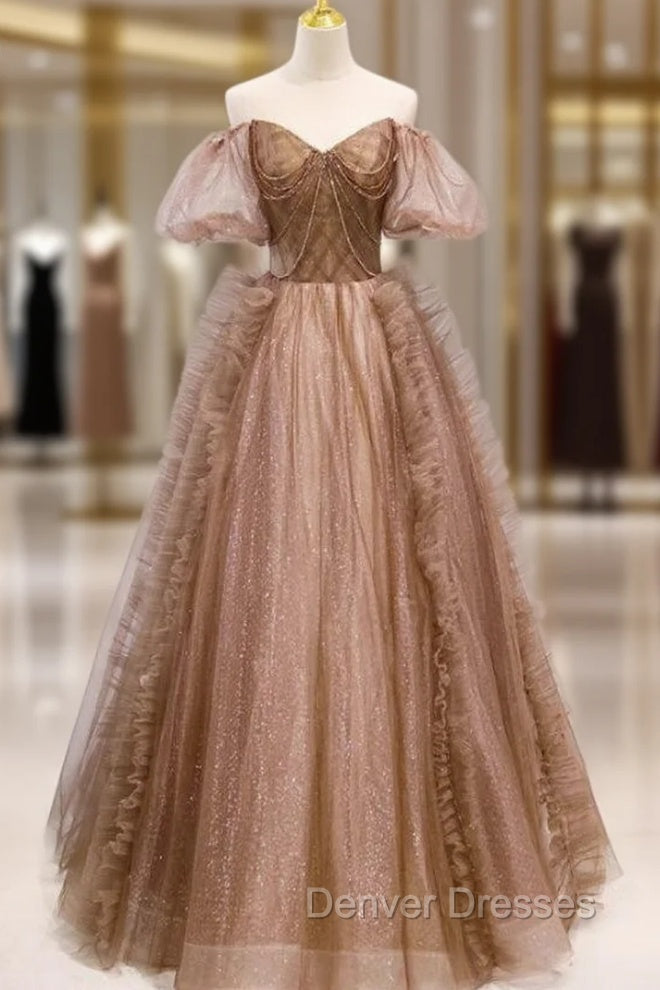 Coffee Tulle Sequins Puff Sleeve Beading Prom Dress