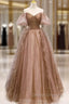 Coffee Tulle Sequins Puff Sleeve Beading Prom Dress
