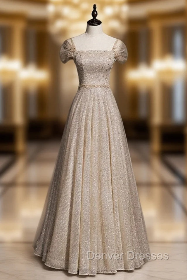 Coffee Tulle Sequins Square Beading Prom Dress