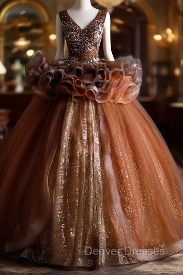Coffee Tulle Sequins V-neck Beading Quinceanera Dress Main image