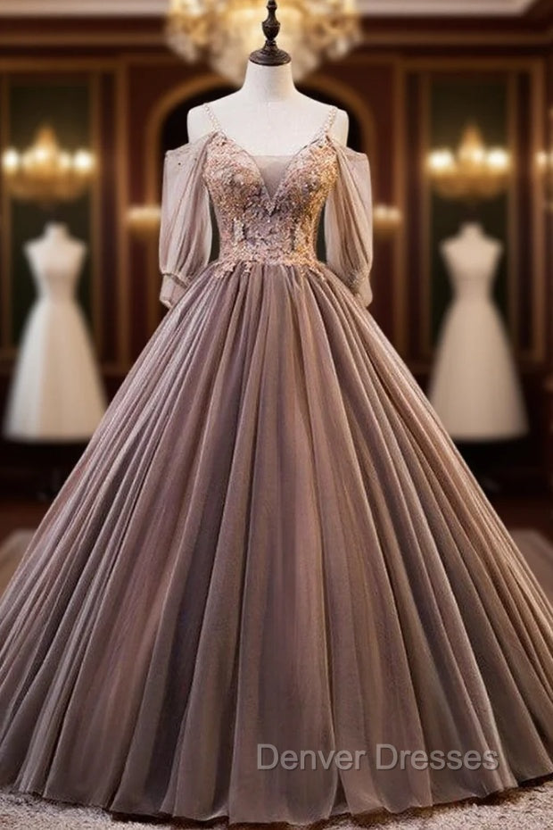 Coffee Tulle Spaghetti Straps Beading Quinceanera Dress Main image
