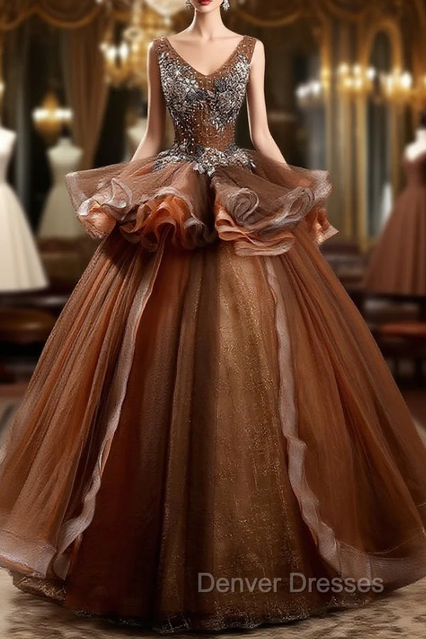 Coffee Tulle V-neck Beading Sequins Quinceanera Dress