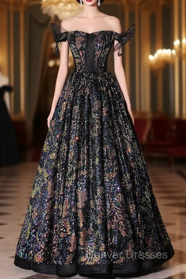 Colorful Black Sequins Off the Shoulder Prom Dress