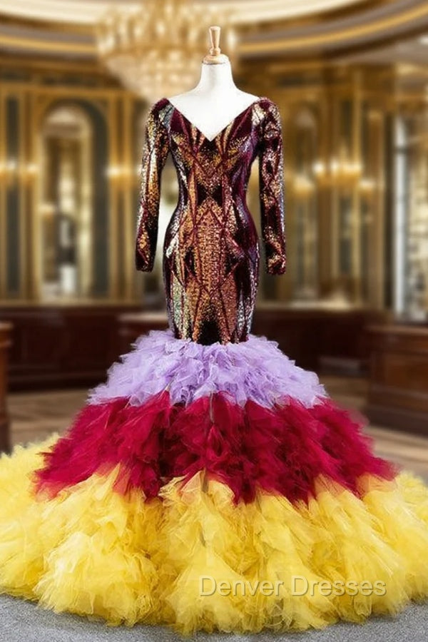 Colorful Mermaid Sequins Tulle Long Sleeve V-neck Prom Dress