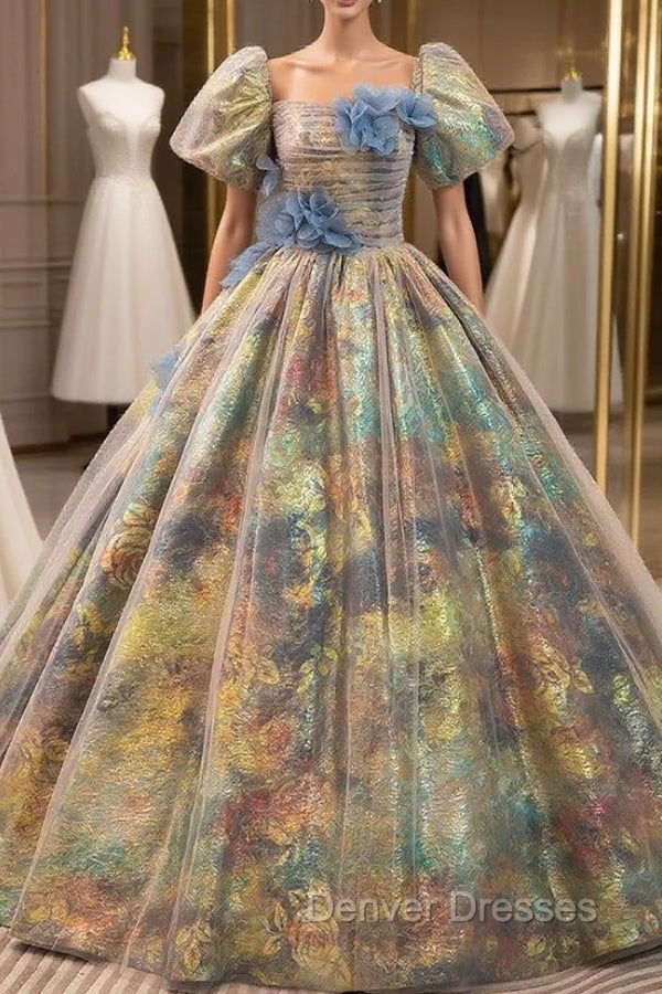 Colorful print Puff Sleeve Flower Quinceanera Dress Main image
