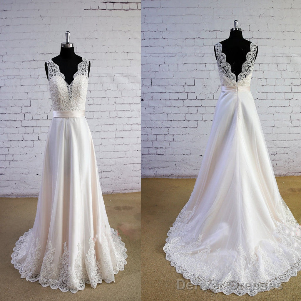 Column Sleeveless Special Wheat Color  V-Neck V-Back High Waist Lace Sweep Trailing Wedding Dresses, Main image