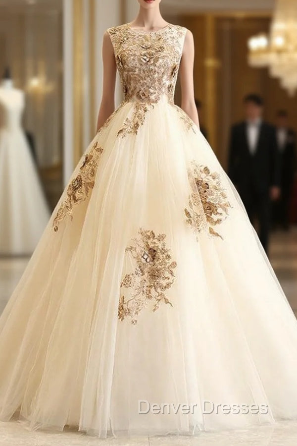 Come In a Wide Variety Of On-Trend Styles, Champagen Ball Gown Tulle Appliques Beading Quinceanera Dress Main image