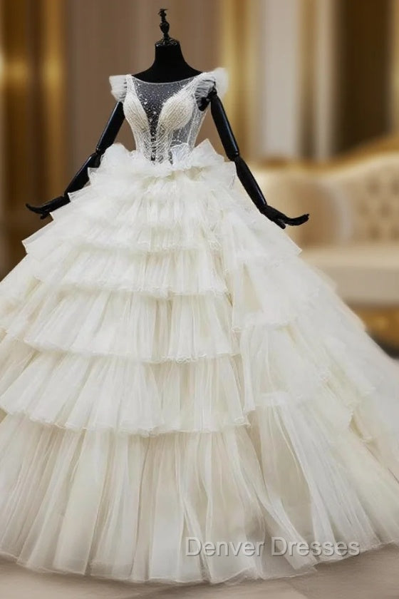 Come In a Wide Variety Of On-Trend Styles, Ivory White Ball Gown Tulle Tiers Beading Bateau Wedding Dress Main image