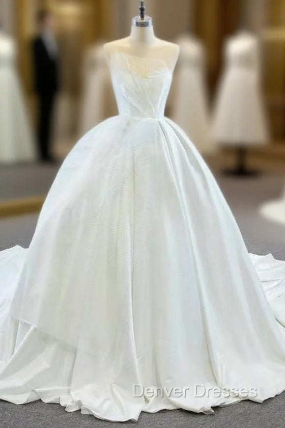 Come In a Wide Variety Of On-Trend Styles, White Ball Gown Satin Sweetheart Pleats Wedding Dress With Train Main image